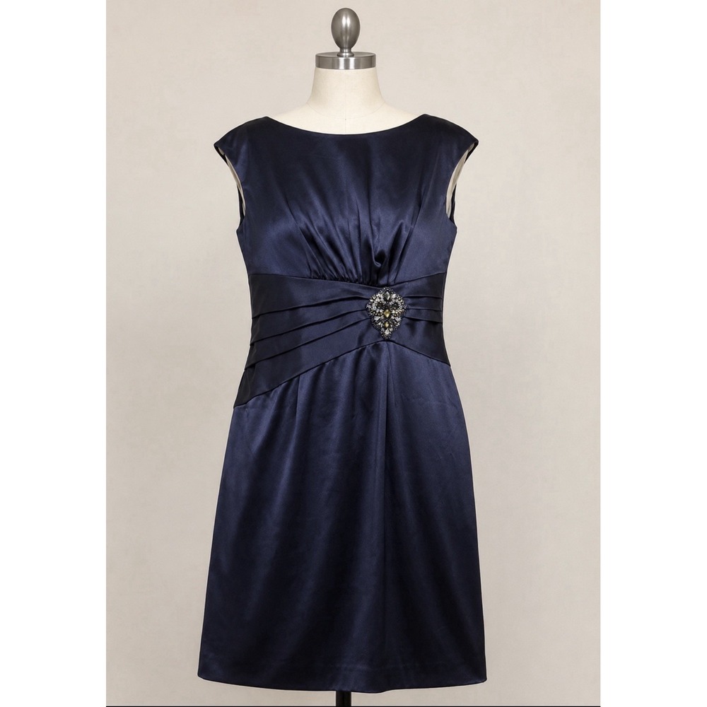 Eliza J Navy Blue Satin Sheath Cocktail Dress Sz 6 Ruched Crystal Embellished